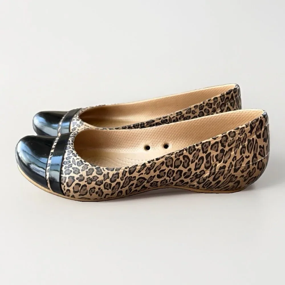Crocs Cap Toe Leopard Print Ballet Flats Womens Size 8 Brown Black Slip On Shoes